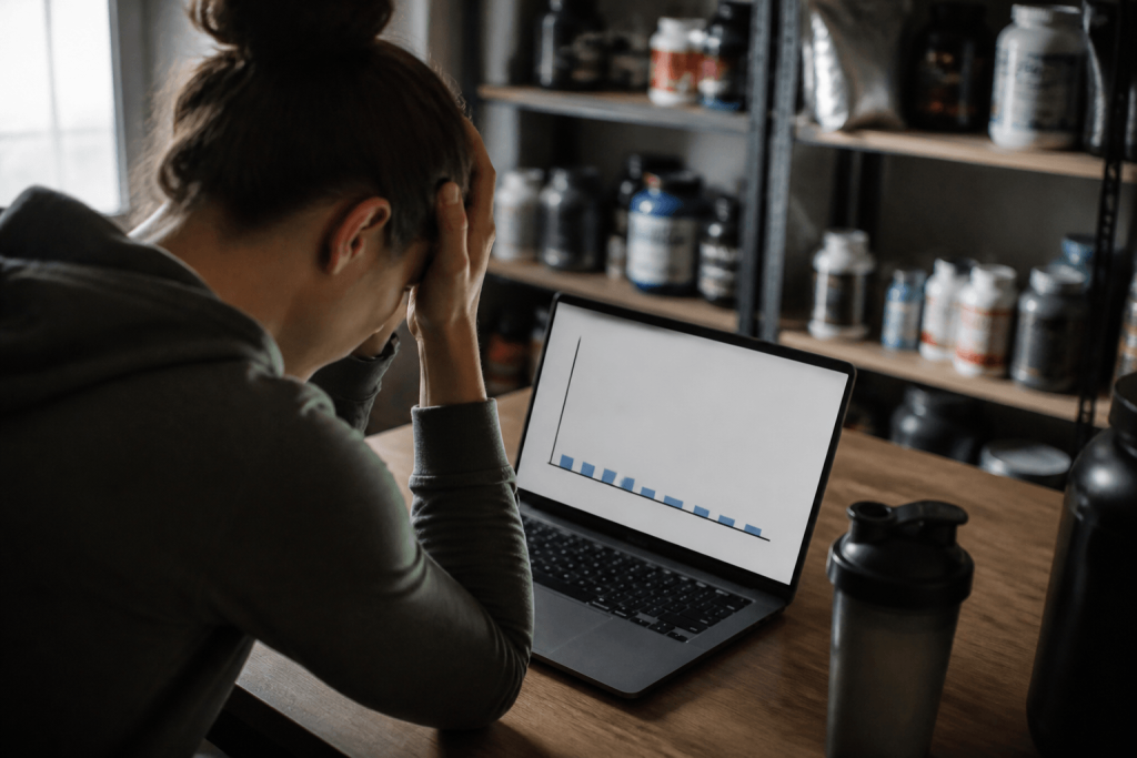 Frustrierte Person vor Laptop mit Diagramm geringer Affiliate-Einnahmen und Supplement-Regal im Hintergrund
