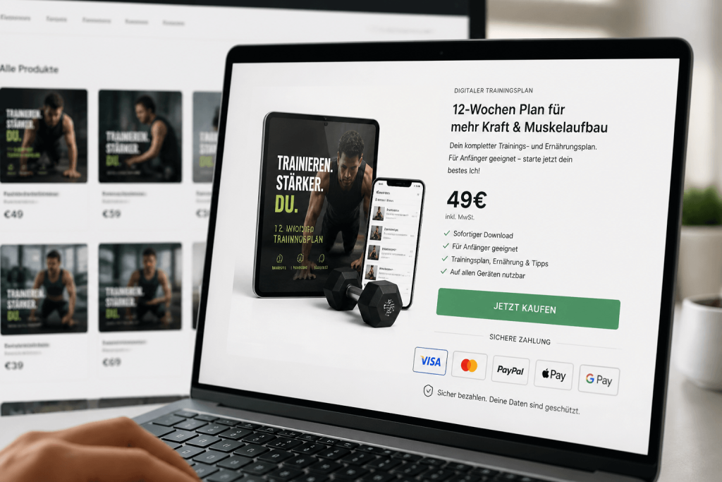 Laptop-Bildschirm zeigt Produktseite für digitalen Trainingsplan mit Preisanzeige und Zahlungsoptionen