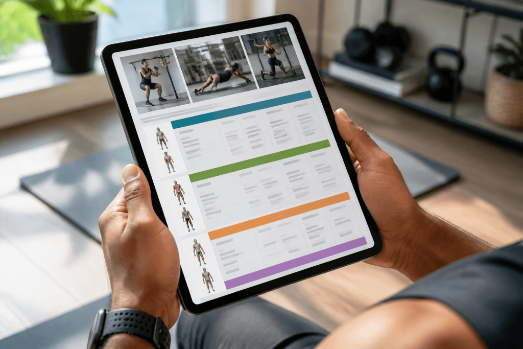 Digitale Trainingspläne - Hände halten Tablet mit professionellem digitalen Trainingsplan-PDF oder App-Oberfläche