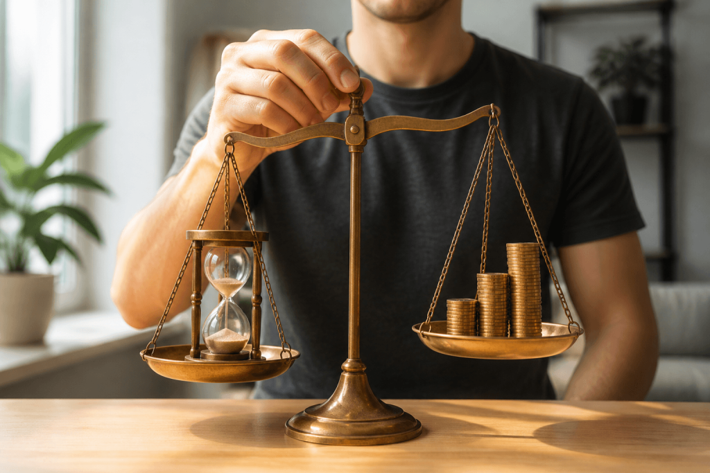 Metaphorische Waage mit Uhr auf einer Seite und Münzstapel auf der anderen, symbolisiert Passives Einkommen vs. Aktive Zeit