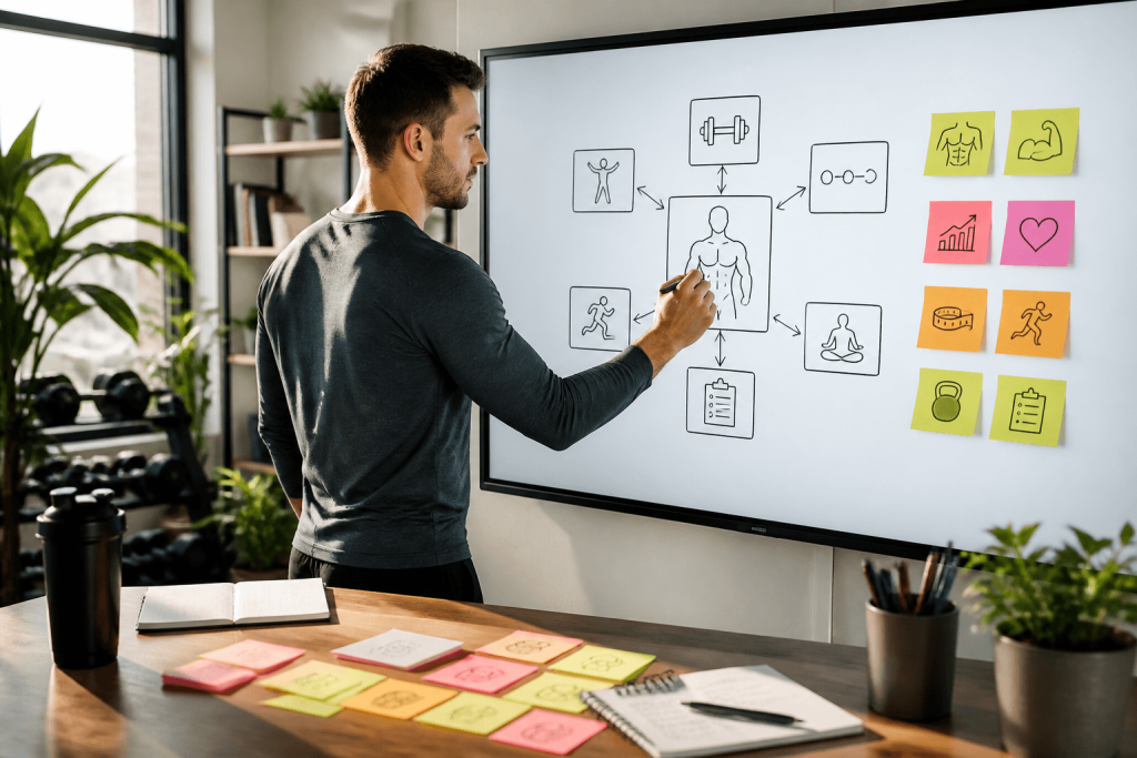Person entwirft detaillierten Trainingsplan auf interaktivem Whiteboard mit Notizen